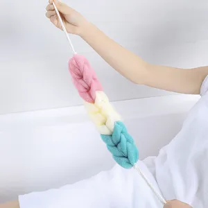 Long mesh bath sponge back scrubber with colorful braided design for body cleaning and peeling.