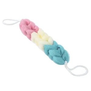 Colorful mesh bath sponge long body scrubber strip with hanging ropes for daily shower use.