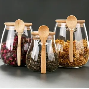 Transparante Glazen Thee Pot Met Houten Deksel En Lepel Gesealde Opslag Container Voor Droge Goederen En Granen
