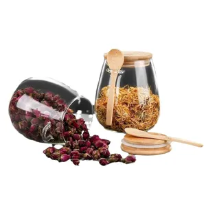 Transparante glazen thee opbergpot met houten deksel en lepel voor gedroogde bloemen