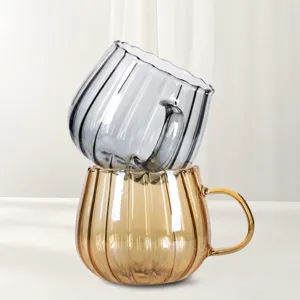 Tasse à Café en Verre Borosilicaté de Ménage Avec Poignée Verre Latte Rayé Verticalement Tasse de Boisson au Lait Résistant à la Chaleur