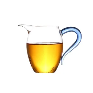Heat resistant clear glass tea pitcher fairness cup with blue handle for kung fu tea set accessories