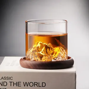 High borosilicate glass mountain whiskey cup with wooden coaster for home and office use.