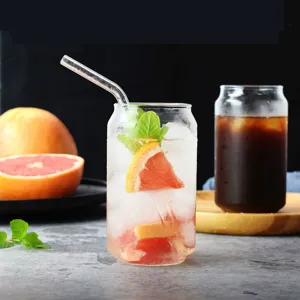 Clear borosilicate glass soda can shaped drinking cup with glass straw for juice and cold beverages