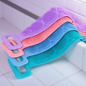 Silicone Bath Body Scrubber Double Sided Back Exfoliating Strap Belt Massage Shower Brush with Handles
