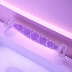 Purple silicone back scrubber for shower, flexible bath strap with massage dots for easy cleaning.