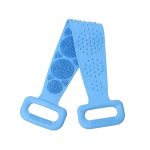 Blue silicone back scrubber for shower with ergonomic handles and massage bristles. Main image.
