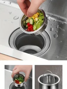 Nahaufnahme des Edelstahlspülbecken-Siebkorbs mit feinem Maschendesign für die Küche.