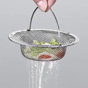 Stainless steel kitchen sink strainer basket with handle for food residue and hair draining.