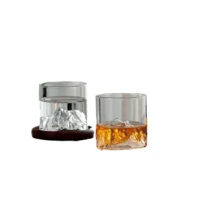 Crystal whisky glass set with internal mountain design, perfect for home bar and office tea.