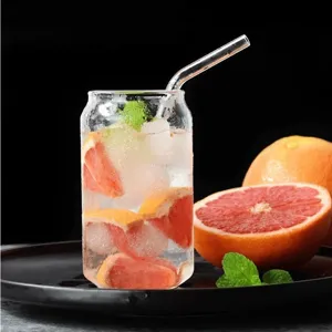 Can shaped borosilicate glass cup with straw for juice beverage cola water 500ml