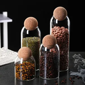 High Borosilicate Glass Kitchen Storage Jar Transparent Food Container With Spherical Cork Lid Sealed Tea Grain Jar