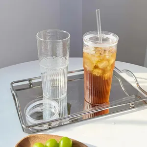 Large Capacity Transparent Glass Water Cup With Straw And Lid Vertical Stripe Design Coffee Cup For Office Living Room