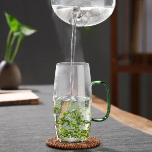 Hittebestendige borosilicaat glazen theekop met groene handvat voor water drinken op kantoor