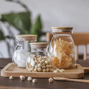 Glass storage jar with bamboo lid set for kitchen grain tea food containment container