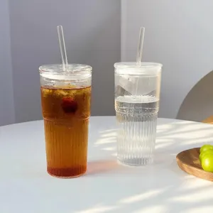Clear glass water cup with straw and lid, large capacity aesthetic drink tumbler for office.