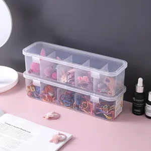 Scatola portaoggetti da scrivania trasparente con scomparti per organizzare accessori e piccoli oggetti.