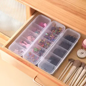Scatola di immagazzinaggio trasparente in plastica con scomparti per cassetti e scrivania.