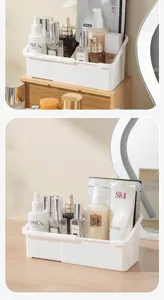 Extendable desktop cosmetic organizer with multi-compartment storage for makeup items.