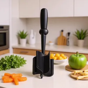 Handheld meat chopper and masher tool for ground beef, burgers, and cooking preparation.