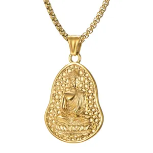 Titanium steel gold-plated gourd Buddha pendant necklace, 3D relief religious jewelry.