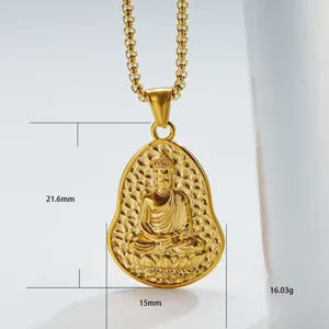 Detail view of golden Buddha pendant in gourd shape, featuring fine relief craftsmanship.