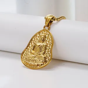 Exquisite gold-plated titanium steel Buddha gourd pendant necklace close-up detail shot.