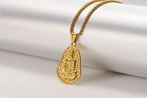 Detailed close-up of the golden titanium steel Buddha gourd pendant necklace with box chain.