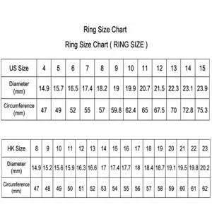 Ring size chart guide with US and HK sizes diameter and circumference measurements for rings.