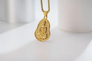 Gold titanium steel gourd Buddha pendant necklace detail view showing intricate relief texture.