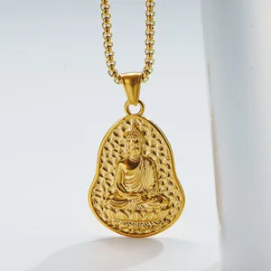 Stainless Steel Gourd Buddha Pendant Necklace 3D Relief Guanyin Bodhisattva Religious Gothic Punk Hip Hop Jewelry Gift