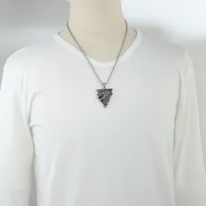 Men's stainless steel eagle pendant necklace, detailed close-up shot showing silver chain and edgy design.
