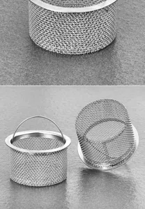 Stainless steel kitchen sink filter basket detail, fine mesh design with portable handle.
