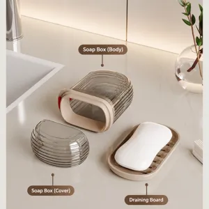 Portable travel soap dish with lid and draining tray, clear plastic soap box for home bathroom.