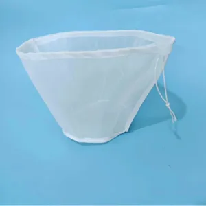 White mesh filter bag with drawstring for soy milk and vegetable dewatering, main view.
