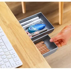 Under desk storage drawer, punch-free adhesive stationery box, hidden office organizer detail
