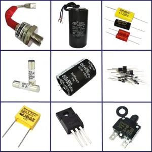 Electronic components assortment including various capacitors, diodes, fuses, and circuit breakers.