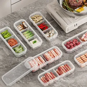 Clear plastic fridge organizer bins with compartments for food prep vegetables meat storage.