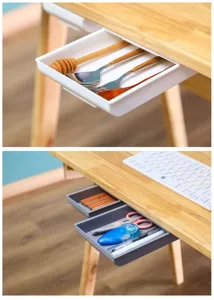 Under-desk storage drawer self-adhesive invisible organizer box for office stationery and cutlery.