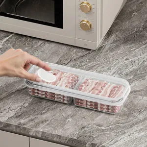 Narrow fridge compartment food storage box with double grids and seal lid for kitchen meal prep.