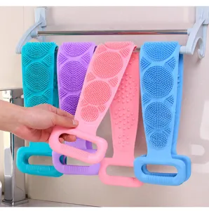 Silicone back scrubber bath massage brush double-sided body exfoliating belt for shower.