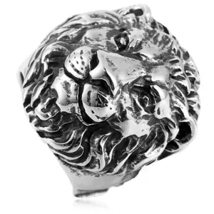 Vintage stainless steel lion head ring detail, bold retro animal biker jewelry for men.