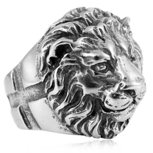 Vintage stainless steel lion head ring for men, gothic biker style jewelry accessory.