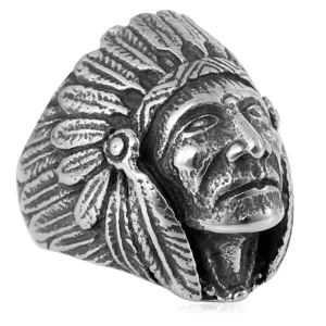 Bague homme vintage en acier inoxydable avec motif de chef indien américain bijoux rétro.