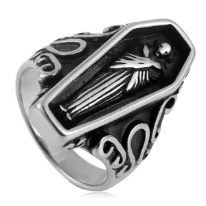 Vintage stainless steel coffin skeleton ring gothic punk jewelry for men and women edgy style