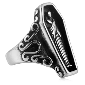 Vintage gothic coffin skeleton ring in stainless steel, detailed scrollwork design.