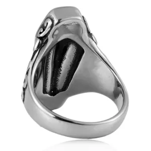 Vintage gothic titanium steel coffin ring featuring intricate engraved scrollwork details.