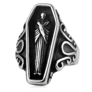 Retro gothic coffin skeleton ring made of durable titanium steel with intricate scrollwork.