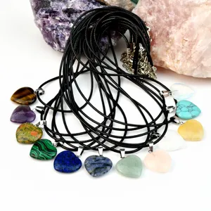 Cross-border natural stone heart pendant necklace with black cord for women jewelry.