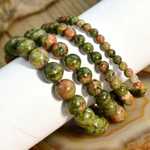 Natürlicher Unakit Edelstein Perlen Armband Set, mehrgroße runde Stein Stapelschmuck für Damen.